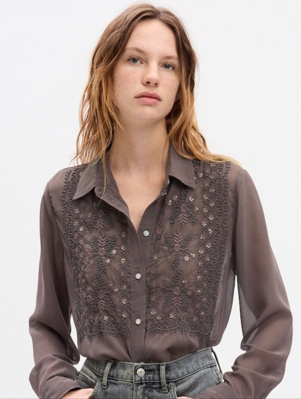 GAP Beaded Sheer Boyfriend Embroidered Blouse Brown Size Large